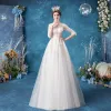 Affordable Illusion Ivory Wedding Dresses 2020 A-Line / Princess V-Neck Lace Flower 1/2 Sleeves Floor-Length / Long