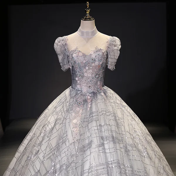 Charming Silver Prom Dresses 2021 Ball Gown High Neck Beading Pearl Sequins Lace Flower Short Sleeve Backless Floor-Length / Long Prom Formal Dresses
