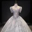 Charming Silver Prom Dresses 2021 Ball Gown High Neck Beading Pearl Sequins Lace Flower Short Sleeve Backless Floor-Length / Long Prom Formal Dresses