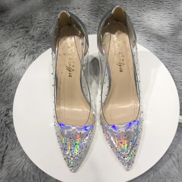 Charming Transparent Silver Cocktail Party Laser Pumps 2020 Rhinestone 10 cm Stiletto Heels Pointed Toe Pumps