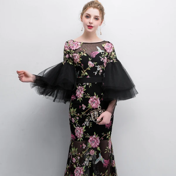 Chic / Beautiful Black Evening Dresses 2018 Trumpet / Mermaid Printing Scoop Neck 3/4 Sleeve Floor-Length / Long Formal Dresses