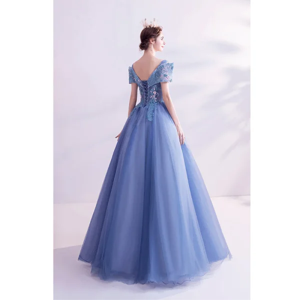 Flower Fairy Pool Blue Prom Dresses 2020 A-Line / Princess V-Neck Pearl Lace Flower Short Sleeve Backless Floor-Length / Long Formal Dresses