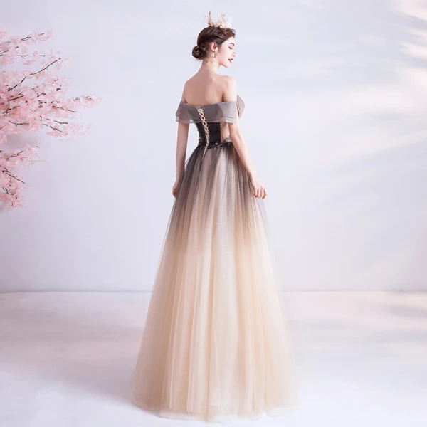 Élégant Chocolat Dégradé De Couleur Robe De Bal 2020 Princesse De l'épaule Perlage Paillettes Manches Courtes Dos Nu Longue Robe De Ceremonie