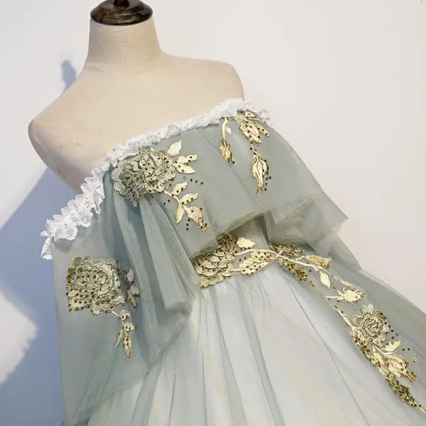 Chic / Beautiful Sage Green Prom Dresses 2021 Ball Gown Off-The-Shoulder Rhinestone Lace Flower Short Sleeve Backless Floor-Length / Long Formal Dresses