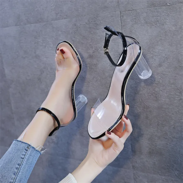 Sexy Transparent Noire Cocktail Sandales Femme 2020 Cuir Verni Bride Cheville 8 cm Talons Épais Peep Toes / Bout Ouvert Sandales