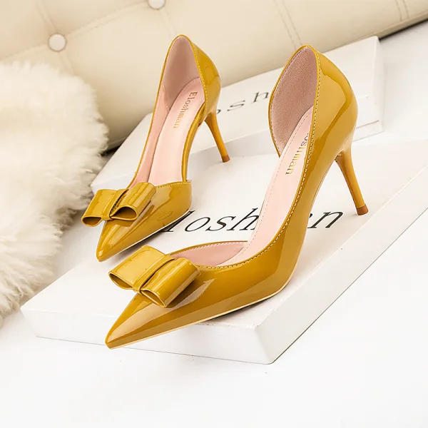 Chic / Beautiful Black Dating Bow Womens Shoes 2020 Patent Leather 7 cm Heels Pointed Toe Stiletto Heels
