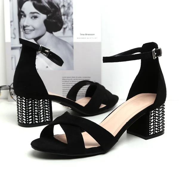 Chic / Belle Noire Vêtement de rue Daim Sandales Femme 2020 Bride Cheville 5 cm Talons Épais Peep Toes / Bout Ouvert Sandales