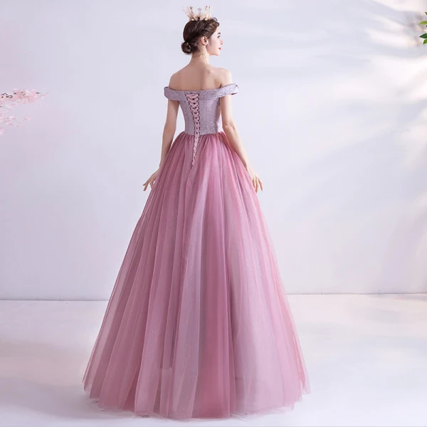 Charming Candy Pink Prom Dresses 2020 A-Line / Princess Off-The-Shoulder Beading Rhinestone Sequins Sleeveless Backless Floor-Length / Long Formal Dresses