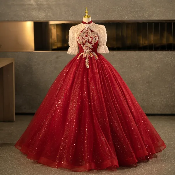 Bling Bling Burgundy Beading Pearl Sequins Flower Prom Dresses 2025 Ball Gown High Neck Short Sleeve Backless Floor-Length / Long Formal Dresses