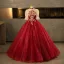 Bling Bling Burgundy Beading Pearl Sequins Flower Prom Dresses 2025 Ball Gown High Neck Short Sleeve Backless Floor-Length / Long Formal Dresses