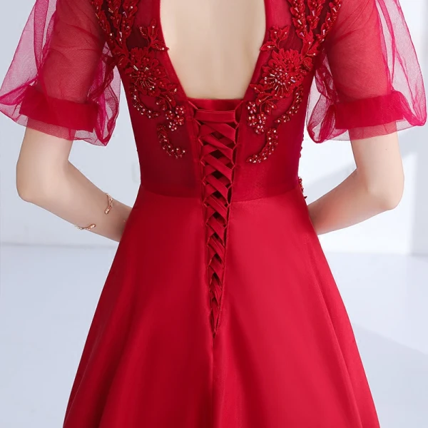 Chic / Beautiful Burgundy Evening Dresses  2018 A-Line / Princess Beading Crystal Lace Flower High Neck Backless Short Sleeve Floor-Length / Long Formal Dresses