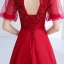 Chic / Beautiful Burgundy Evening Dresses  2018 A-Line / Princess Beading Crystal Lace Flower High Neck Backless Short Sleeve Floor-Length / Long Formal Dresses