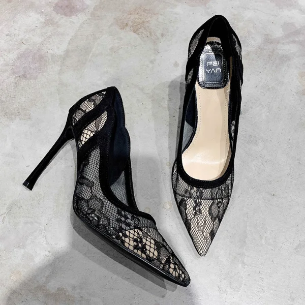 Charming Black Evening Party Lace Pumps 2020 10 cm Stiletto Heels Pointed Toe Pumps