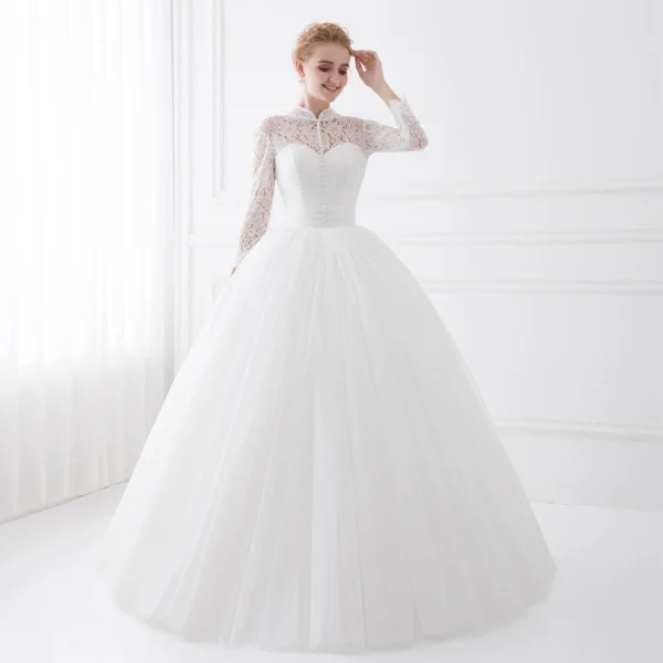 Chic / Beautiful White Wedding Dresses 2018 Ball Gown Lace High Neck 3/4 Sleeve Floor-Length / Long Wedding