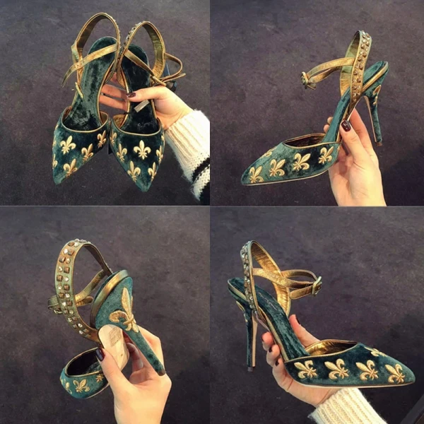 Vintage / Originale Bleu D'encre Vêtement de rue Daim Sandales Femme 2020 Brodé 9 cm Talons Aiguilles À Bout Pointu Sandales
