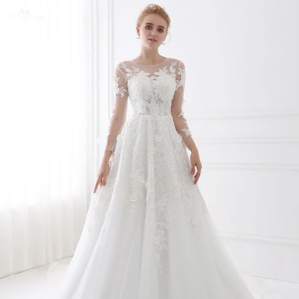 Schöne Weiß Brautkleider 2018 A Linie Schleife Mit Spitze Blumen Rundhalsausschnitt Rückenfreies 3/4 Ärmel Lange Hochzeit