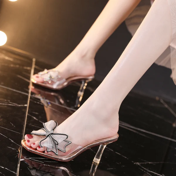 Fashion Champagne Street Wear Womens Sandals 2020 Rhinestone Bow 7 cm Stiletto Heels Open / Peep Toe Sandals