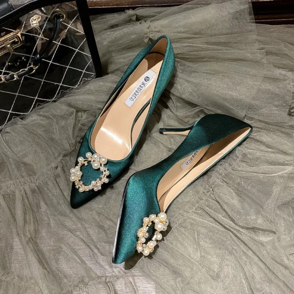Modern / Fashion Dark Green Satin Pearl Rhinestone Pumps 2021 7 cm Stiletto Heels Pointed Toe Prom Pumps High Heels