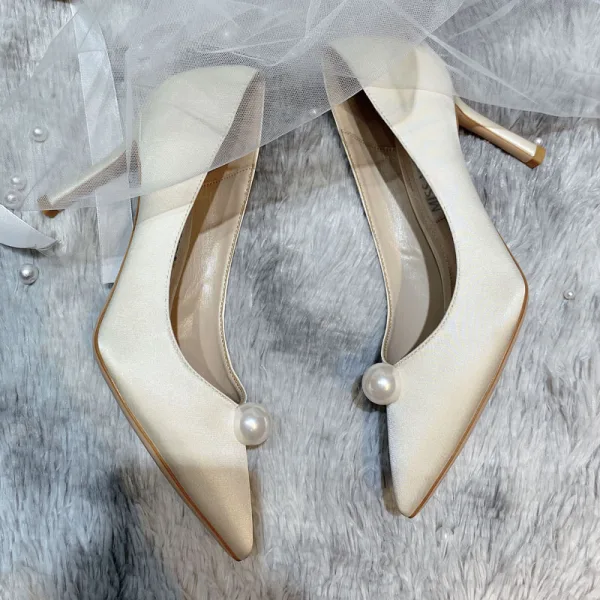 Elegante Weiß Perle Brautschuhe 2020 Leder 10 cm Stilettos Spitzschuh Hochzeit Pumps