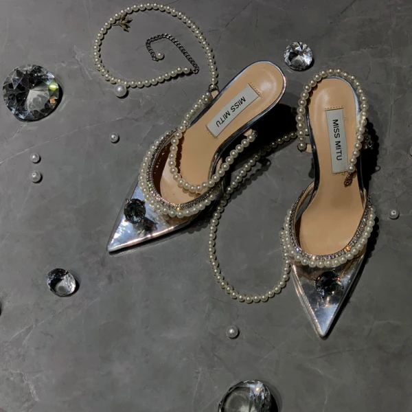 Sexy Silver Cocktail Party Rhinestone Womens Sandals 2020 Leather Pearl Ankle Strap 8 cm Stiletto Heels Pointed Toe Sandals