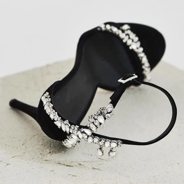 Charmant Noire Soirée Faux Diamant Sandales Femme 2020 Cuir Bride Cheville 10 cm Talons Aiguilles Peep Toes / Bout Ouvert Sandales