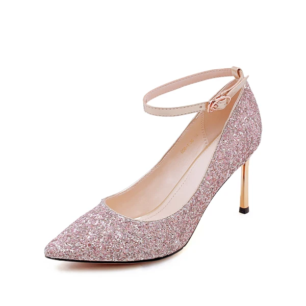Sparkly Sølv Paljetter Brudesko 2020 Ankelstropp 9 cm Stiletthæler Spisse Bryllup Pumps