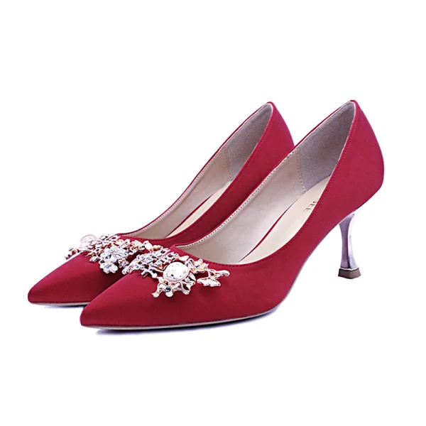 Piękne Czerwone Rhinestone Buty Ślubne 2020 Skórzany 7 cm Szpilki Szpiczaste Ślub Czółenka