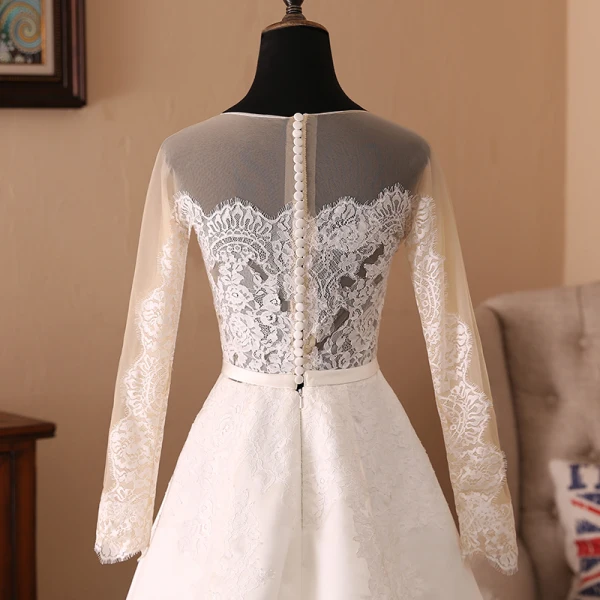 Elegant Ivory Wedding Dresses 2018 A-Line / Princess Organza Lace Scoop Neck Long Sleeve Sweep Train Wedding