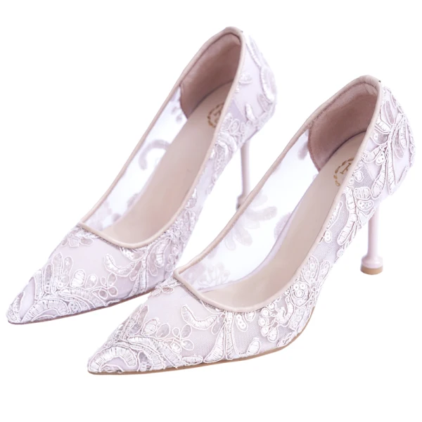 Charming Champagne See-through Flower Lace Wedding Shoes 2020 8 cm Stiletto Heels Pointed Toe Wedding Pumps