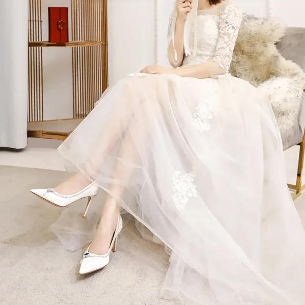 Fashion White Wedding Shoes 2020 Leather Rhinestone 8 cm Stiletto Heels Pointed Toe Wedding Pumps
