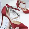Charming Burgundy Wedding Shoes 2020 Rhinestone Ankle Strap 8 cm Stiletto Heels Pointed Toe Wedding High Heels