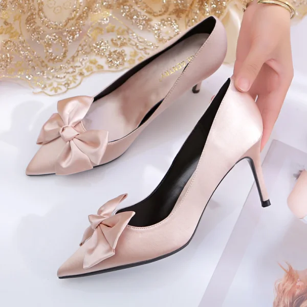 Elegant Burgundy Prom Satin Pumps 2020 Leather Bow 8 cm Stiletto Heels Pointed Toe Pumps