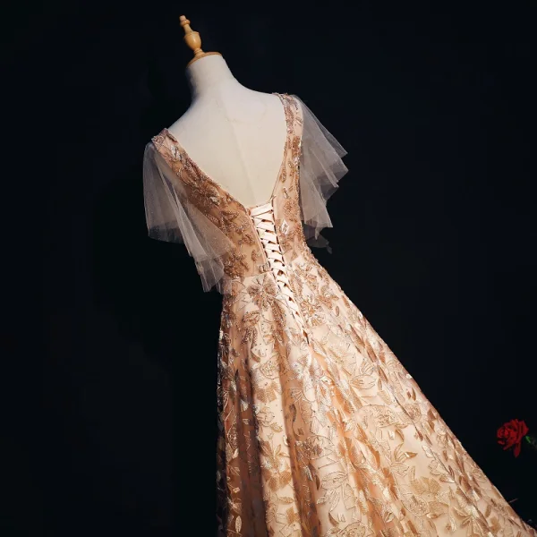 Luxury / Gorgeous Gold Evening Dresses 2018 A-Line / Princess Lace Beading Crystal Pearl V-Neck Backless Short Sleeve Sweep Train Formal Dresses