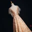 Luxury / Gorgeous Gold Evening Dresses  2018 A-Line / Princess Lace Beading Crystal Pearl V-Neck Backless Short Sleeve Sweep Train Formal Dresses