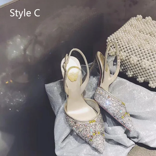 Chic / Belle Multi-Couleurs Faux Diamant Slingbacks Chaussure De Mariée 2020 Cuir 10 cm Talons Aiguilles À Bout Pointu Mariage Sandales