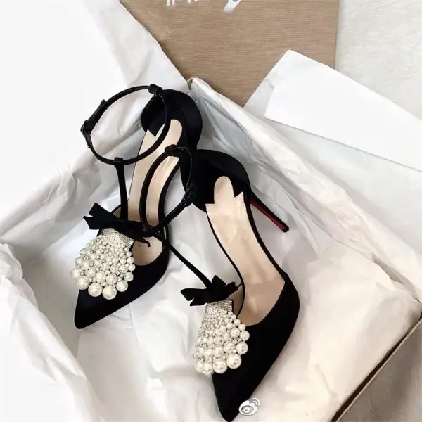 Fashion Black Prom Womens Sandals 2020 Leather Bow T-Strap Pearl Rhinestone 9 cm Stiletto Heels Pointed Toe Sandals