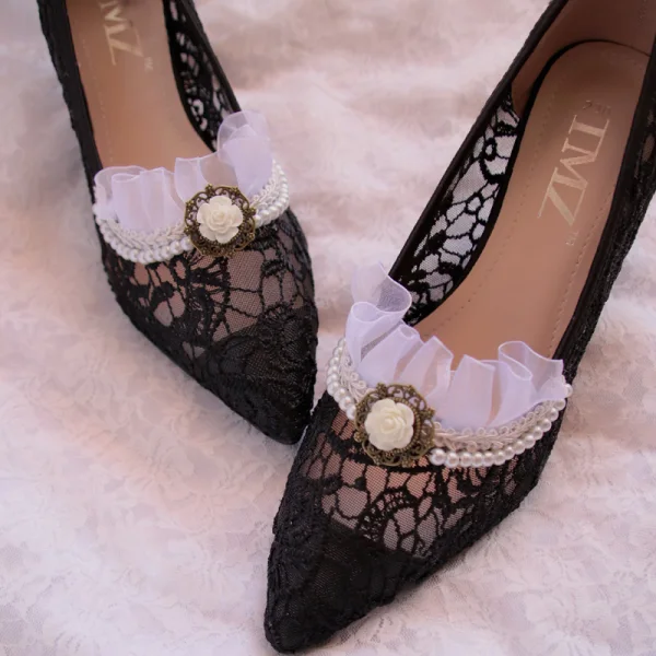 Charming Black Honeymoon Pumps 2020 Pearl Lace Flower 4 cm Stiletto Heels Pointed Toe Low Heel Pumps