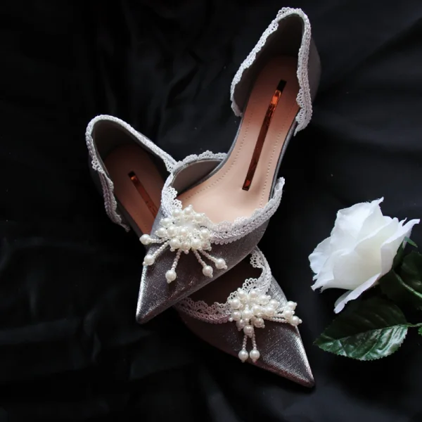 Elegant Grey Dating Pearl Womens Sandals 2020 Leather Lace Flower 4 cm Stiletto Heels Low Heel Pointed Toe Sandals