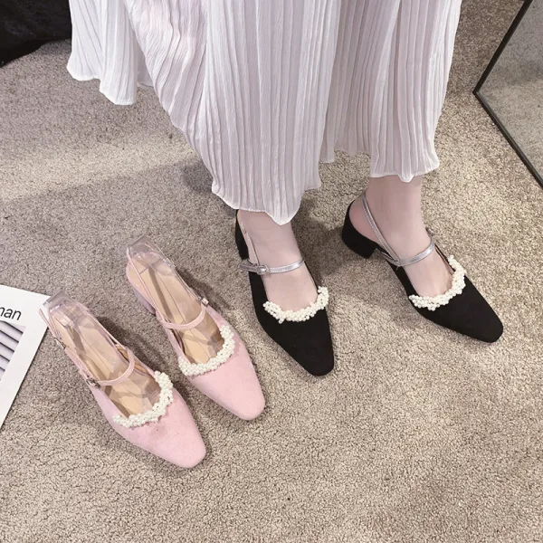 Elegante Schwarz Datierung Perle Slingpumps Sandalen Damen 2020 Wildleder 6 cm Thick Heels Quadratische Zehe Sandaletten