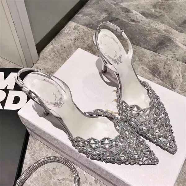 Charming Silver Cocktail Party Rhinestone Womens Sandals 2020 Leather Slingbacks 10 cm Stiletto Heels Pointed Toe Sandals