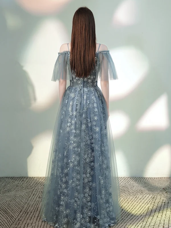 Charmant Himmelblau Grau Abendkleider 2020 Off Shoulder Perlenstickerei Pailletten Spitze Blumen Kurze Ärmel Rückenfreies Lange Festliche Kleider