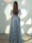 Charmant Himmelblau Grau Abendkleider 2020 Off Shoulder Perlenstickerei Pailletten Spitze Blumen Kurze Ärmel Rückenfreies Lange Festliche Kleider