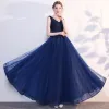 Schöne Meeresblau Abendkleider 2018 A Linie Applikationen Spitze V-Ausschnitt Rückenfreies Ärmellos Lange Festliche Kleider
