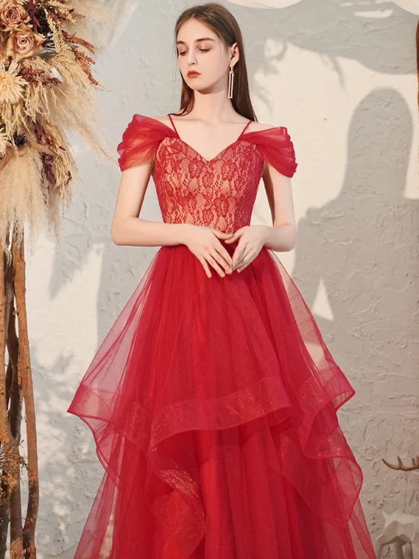 Charming Burgundy Evening Dresses 2020 A-Line / Princess Off-The-Shoulder Lace Short Sleeve Backless Cascading Ruffles Floor-Length / Long Formal Dresses