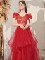 Charming Burgundy Evening Dresses  2020 A-Line / Princess Off-The-Shoulder Lace Short Sleeve Backless Cascading Ruffles Floor-Length / Long Formal Dresses