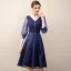 Chic / Beautiful Navy Blue Homecoming Sequins Graduation Dresses 2020 A-Line / Princess V-Neck 3/4 Sleeve Knee-Length Formal Dresses