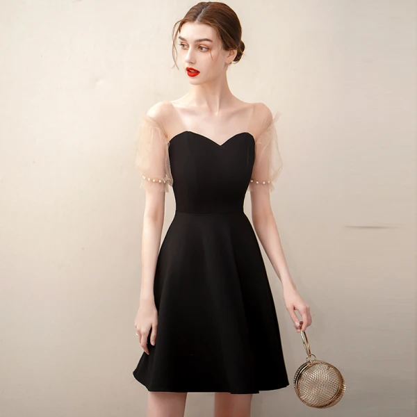 Chic / Beautiful Black Homecoming Short Graduation Dresses 2020 A-Line / Princess Square Neckline Pearl Short Sleeve Backless Formal Dresses