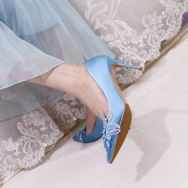 Elegant Pool Blue Bridesmaid Pumps 2020 Satin Lace Flower Rhinestone 8 cm Stiletto Heels Pointed Toe Pumps