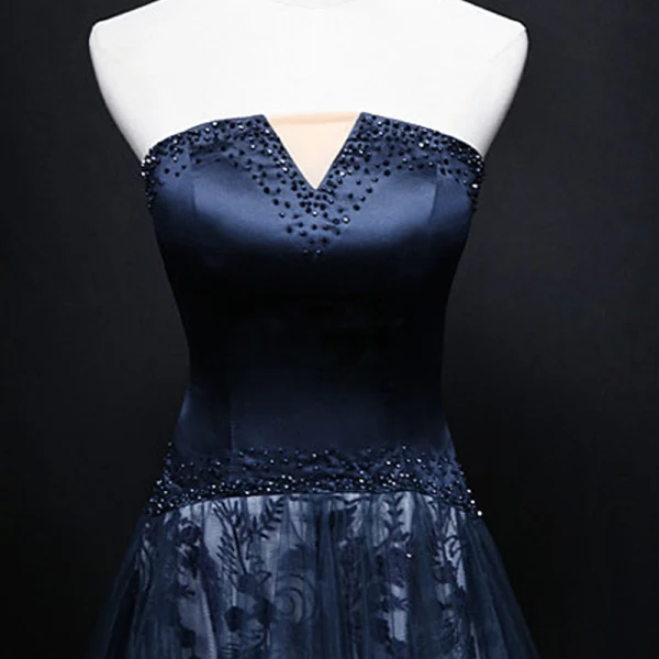 Chic / Beautiful Navy Blue Evening Dresses 2018 A-Line / Princess Crystal Strapless Sleeveless Backless Floor-Length / Long Formal Dresses