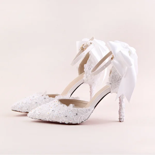 Elegant Ivory Wedding Shoes 2020 Rhinestone Lace Flower Bow 9 cm Stiletto Heels Pointed Toe Wedding Sandals